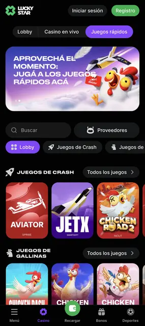 Web móvil de Lucky Star, apartado crash con Aviator y JetX